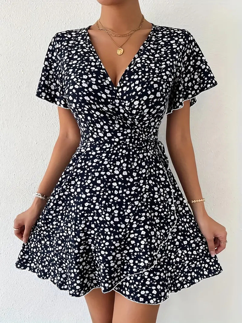 Floral Tie-neck Waist Trimming Dress - WOMONA.COM