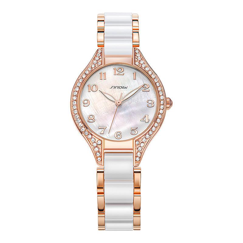Two-tone wristwatch with crystal-studded rose-gold bezel and white mother-of-pearl dial