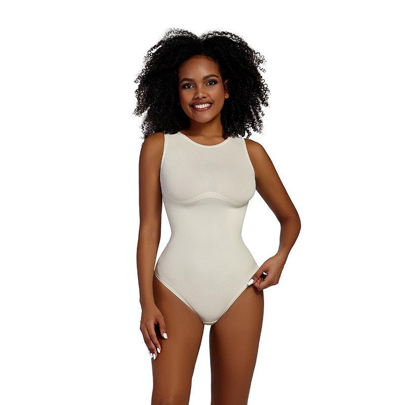 Black sleeveless round-neck one-piece with fitted high-cut legs