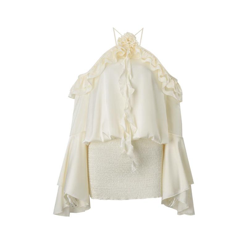 Cream ruffled halter mini dress with front frill layers and short flared sleeves