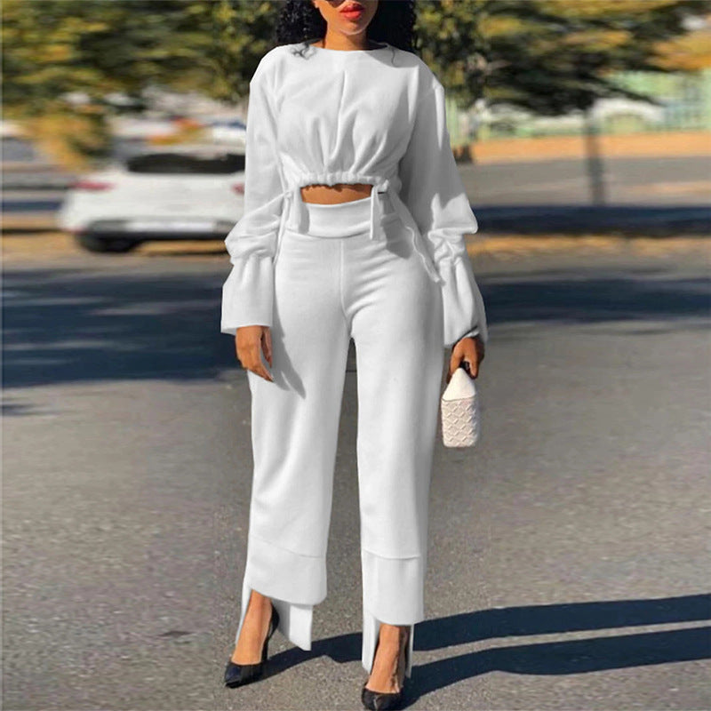 Short Top Casual High Waist Straight Pants Suit - WOMONA.COM