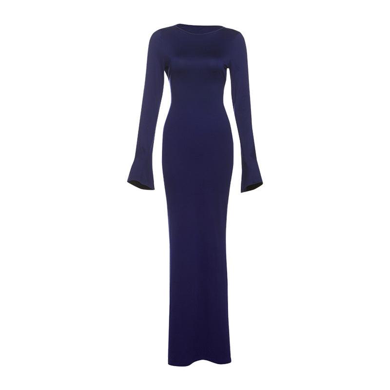 Blue back view of slim-fit backless dress, long bell sleeves, maxi length