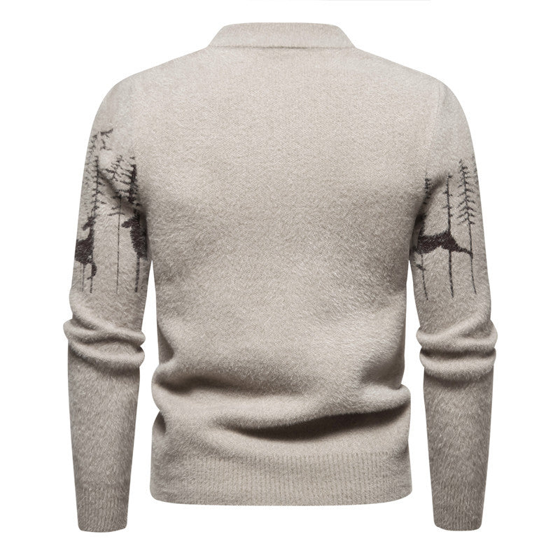 Warm Deer Printed Round Neck Sweater - WOMONA.COM