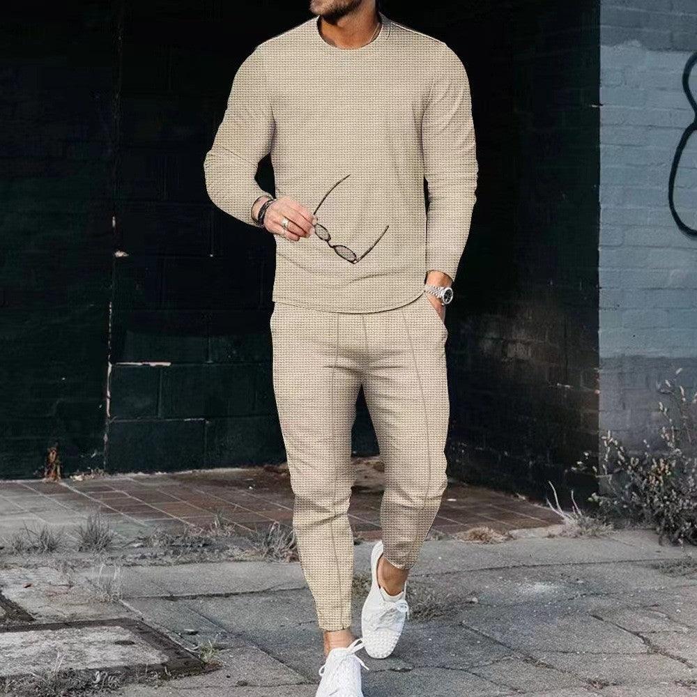 Men's Casual Waffle Long Sleeve Round Neck Suit - WOMONA.COM