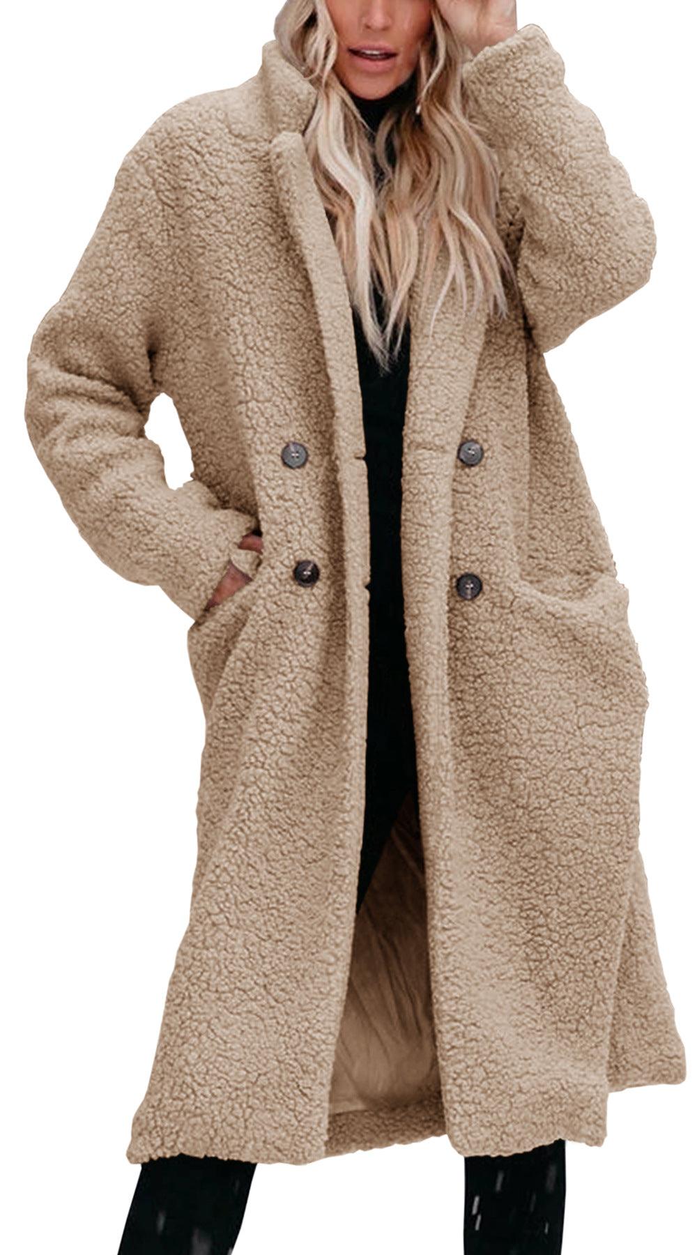 Women’s plush long-sleeve lapel top in tan, button-front long coat with lapels.