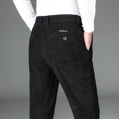Men's fleece-lined corduroy pants, black, high-waist with button and front pockets