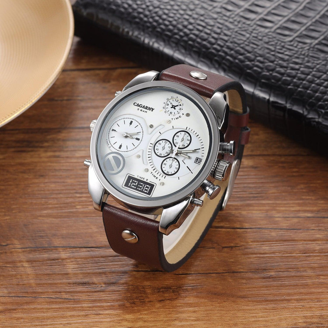 Men's time zone watch with silver case, brown PU leather strap, white multi-dial face