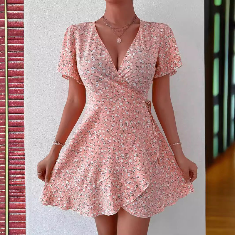 Floral Tie-neck Waist Trimming Dress - WOMONA.COM