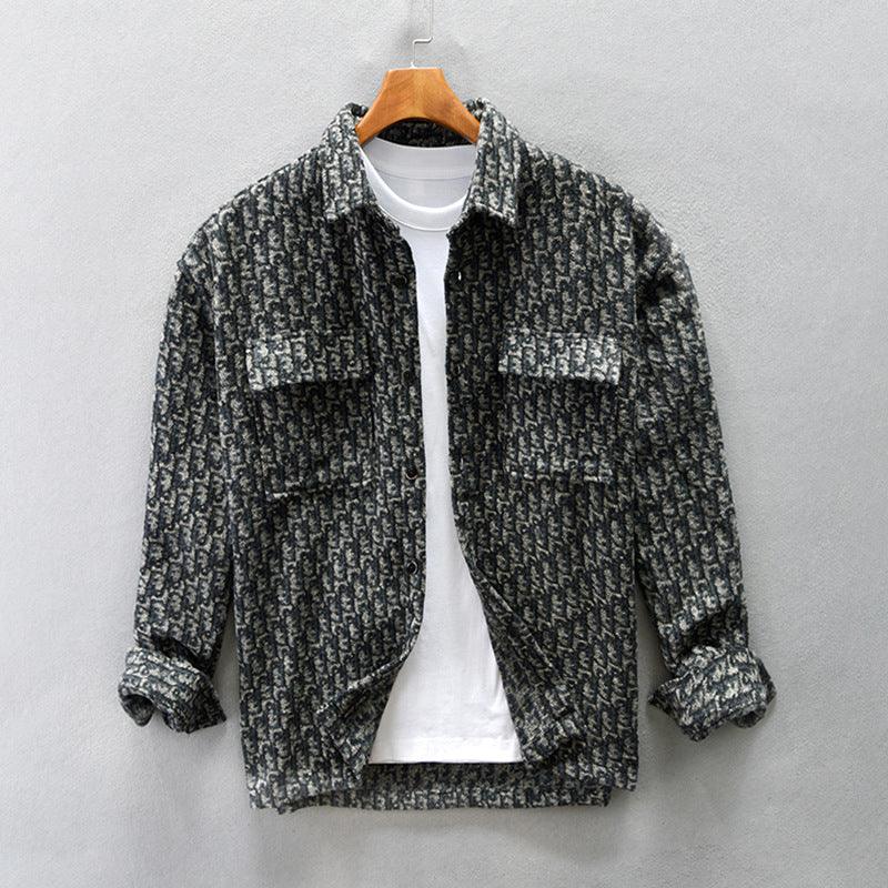 Men's woolen shirt coat in dark patterned knit, drop-shoulder, button-front pockets.