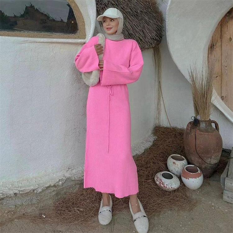 Long Sleeve High Waist Strap Fallwinter Sweater Dress - WOMONA.COM