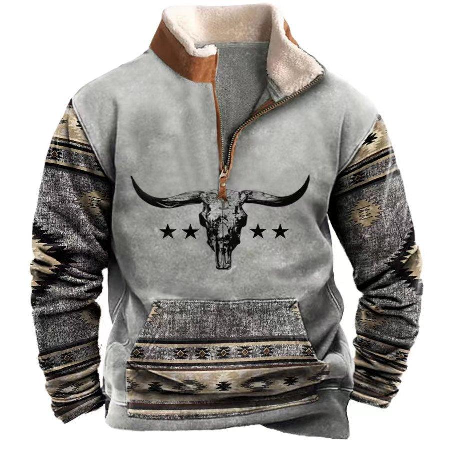 Light gray printed long-sleeve quarter-zip hoodie with bull head and star row