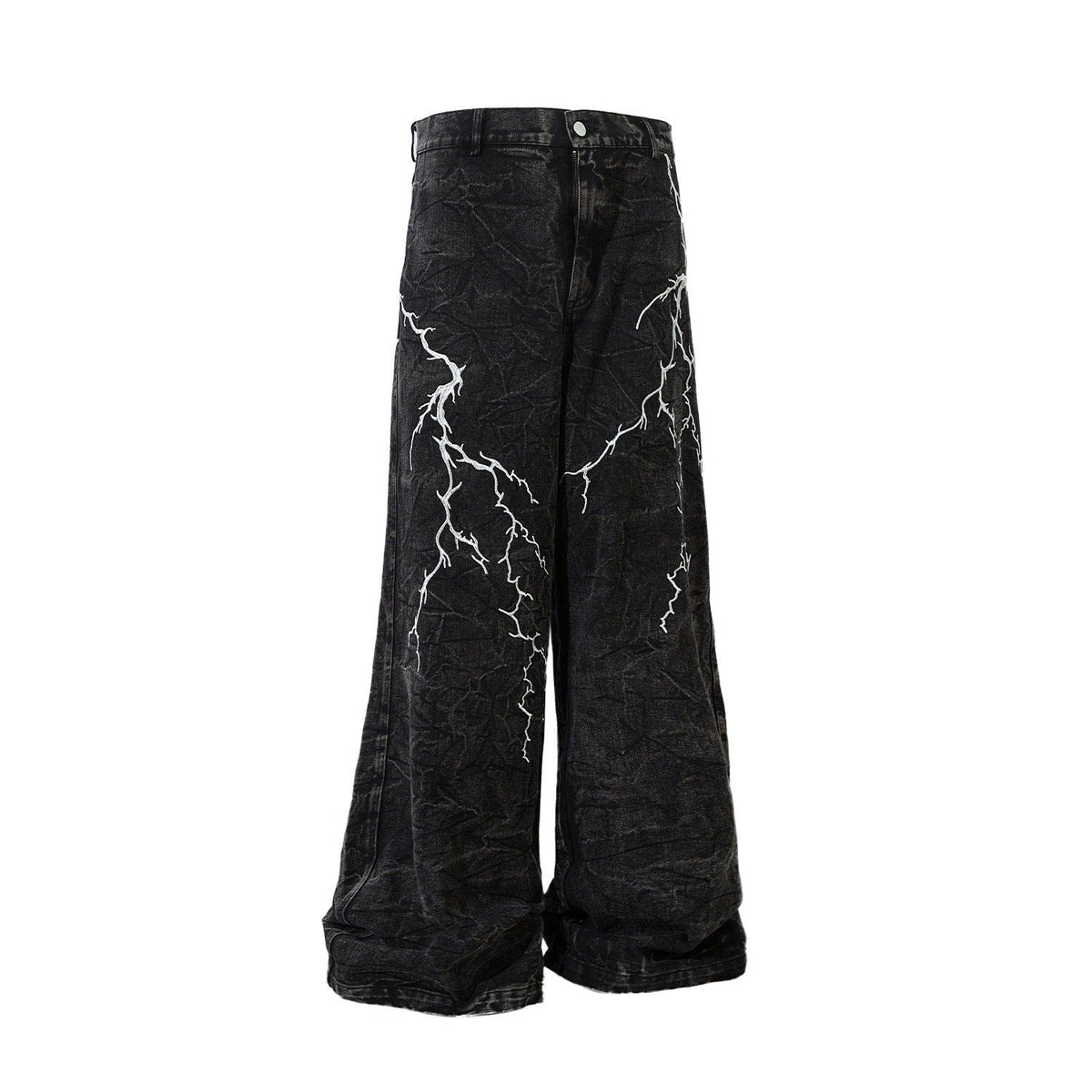 Black loose jeans with white lightning embroidery and wide leg silhouette