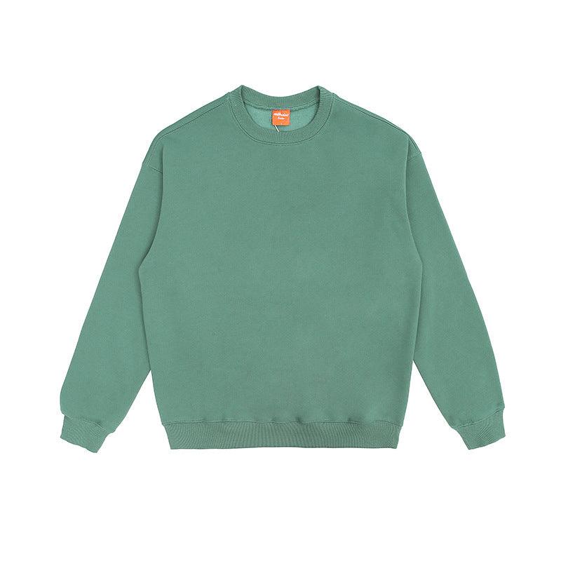 Pure Cotton Fleece-lined Solid Color Loose Round Neck Sweater - WOMONA.COM