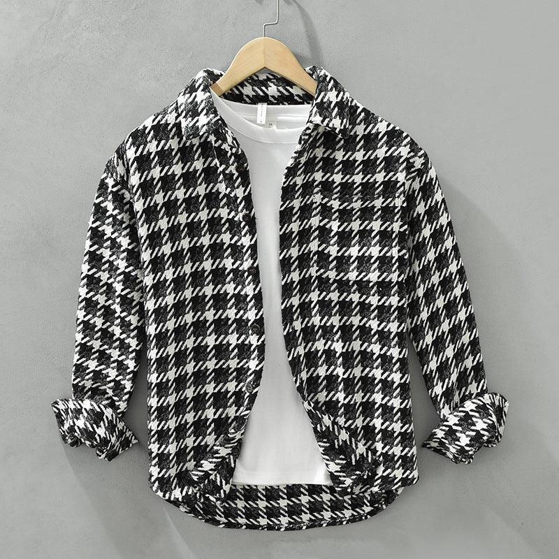 Black-and-white houndstooth plaid long-sleeve shirt, loose fit, button cuffs