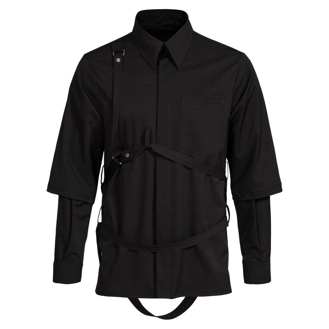 Black false two-piece suspender shirt with matching waist and sleeve straps