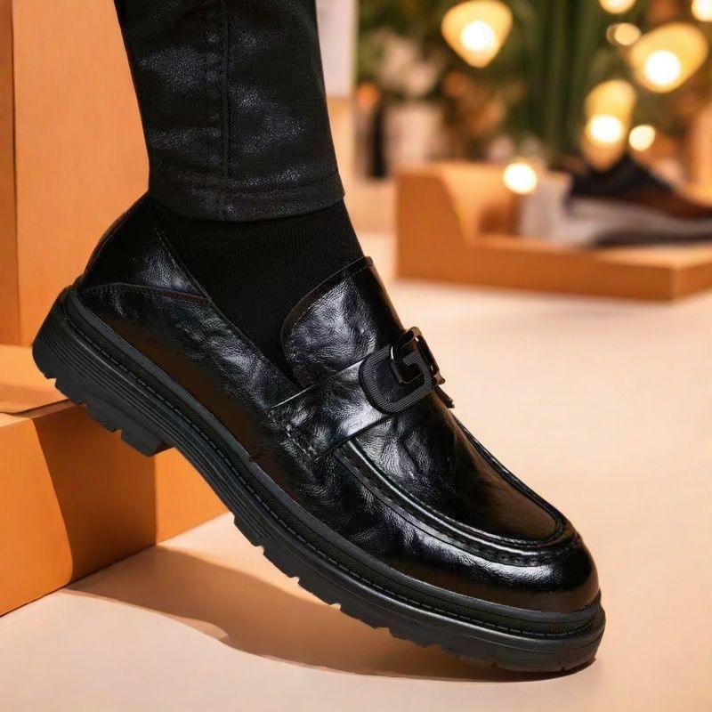 Men's leather loafer shoes, black, buckle strap, chunky rubber sole