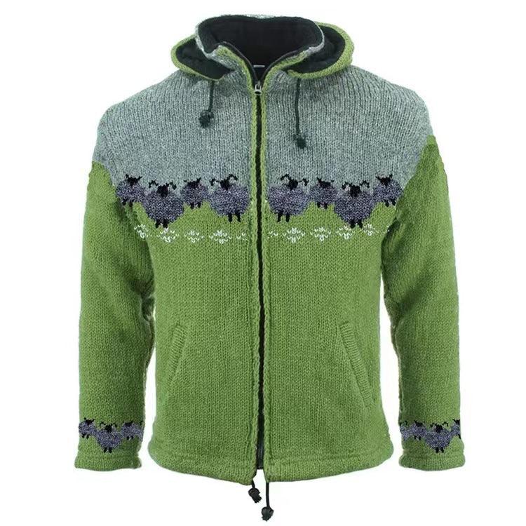 Green hooded wool coat with front zipper, blue patterned yoke and cuffs, drawcord hem