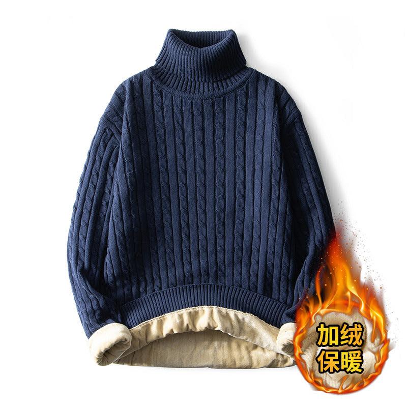 Men's fleece-lined cable knit turtleneck sweater, navy blue with beige fleece lining cuff