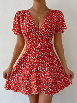 Floral Tie-neck Waist Trimming Dress - WOMONA.COM