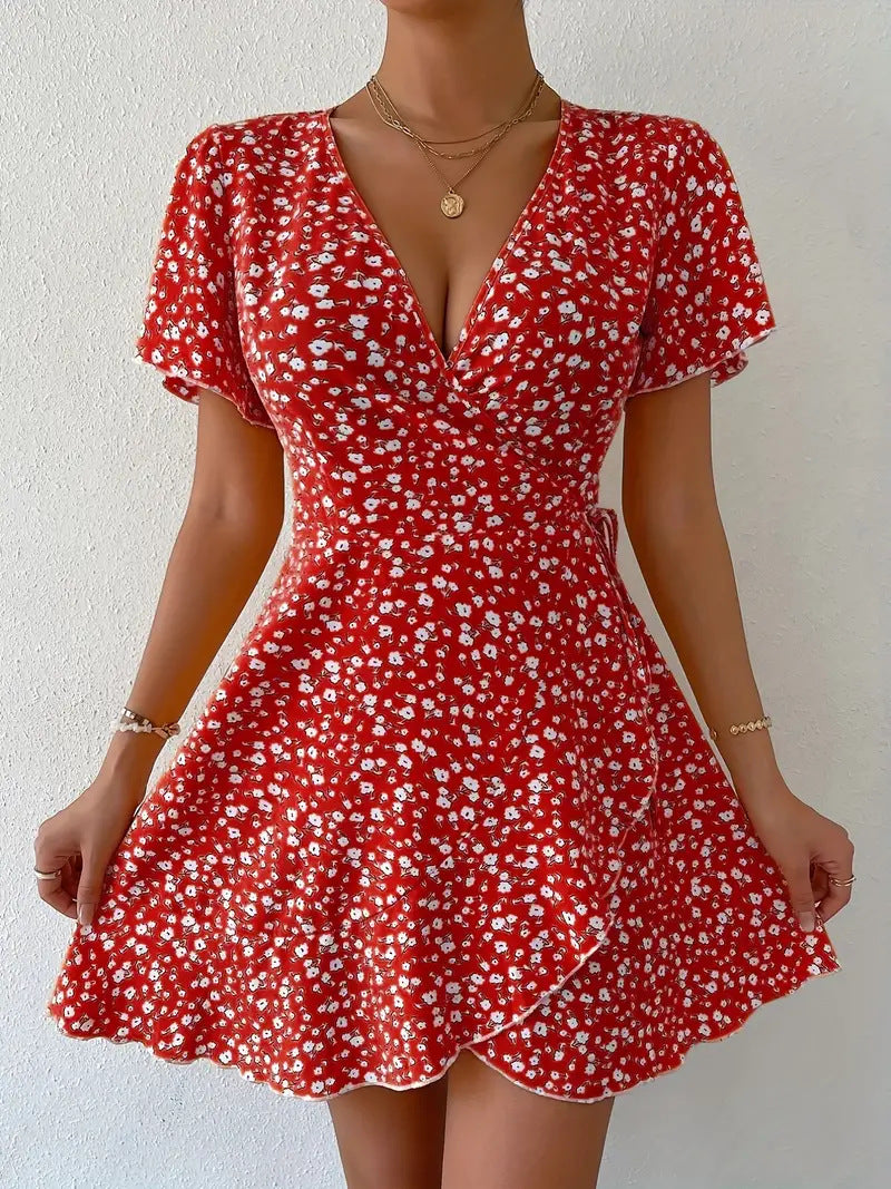 Floral Tie-neck Waist Trimming Dress - WOMONA.COM