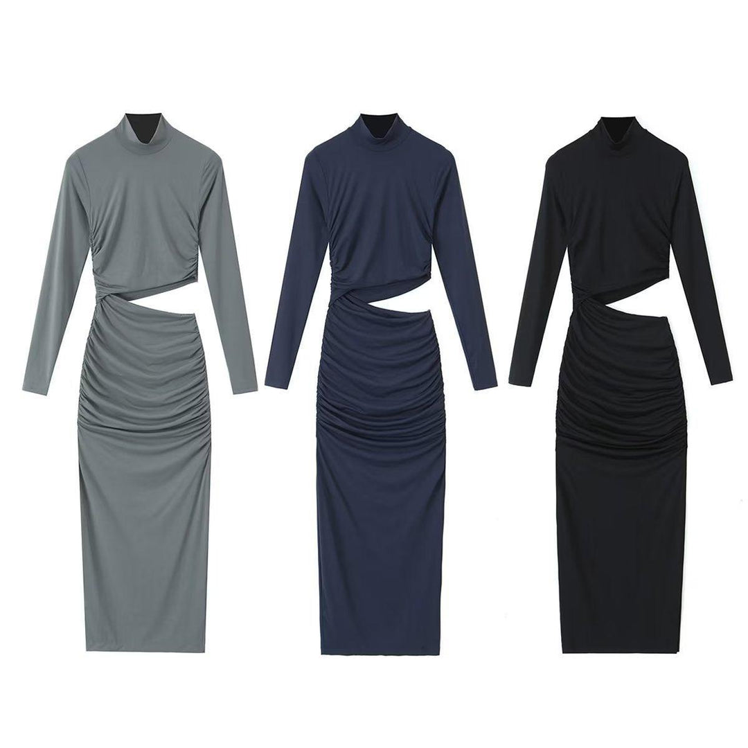 Long sleeve mid-length dress with twist front and ruched waist, gray, dark blue, black