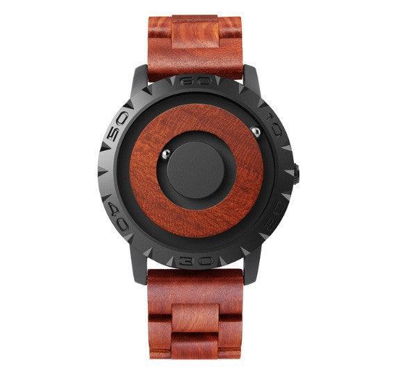 Brown leather-style magnetic log watch with orange-brown dial and dark bezel