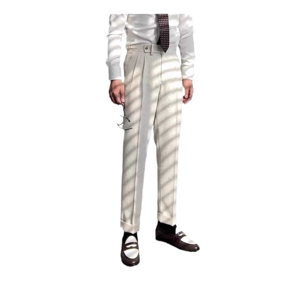 Apricot straight-leg mop pants, full length view with button waistband
