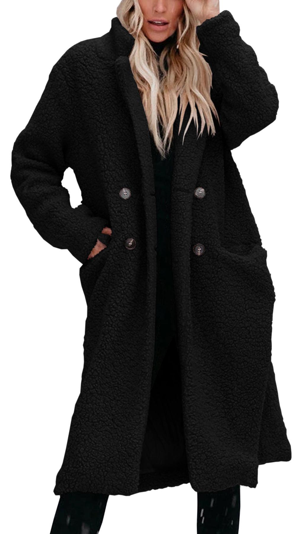 Women’s plush long-sleeve lapel top in black, button-front long coat with two chest buttons.