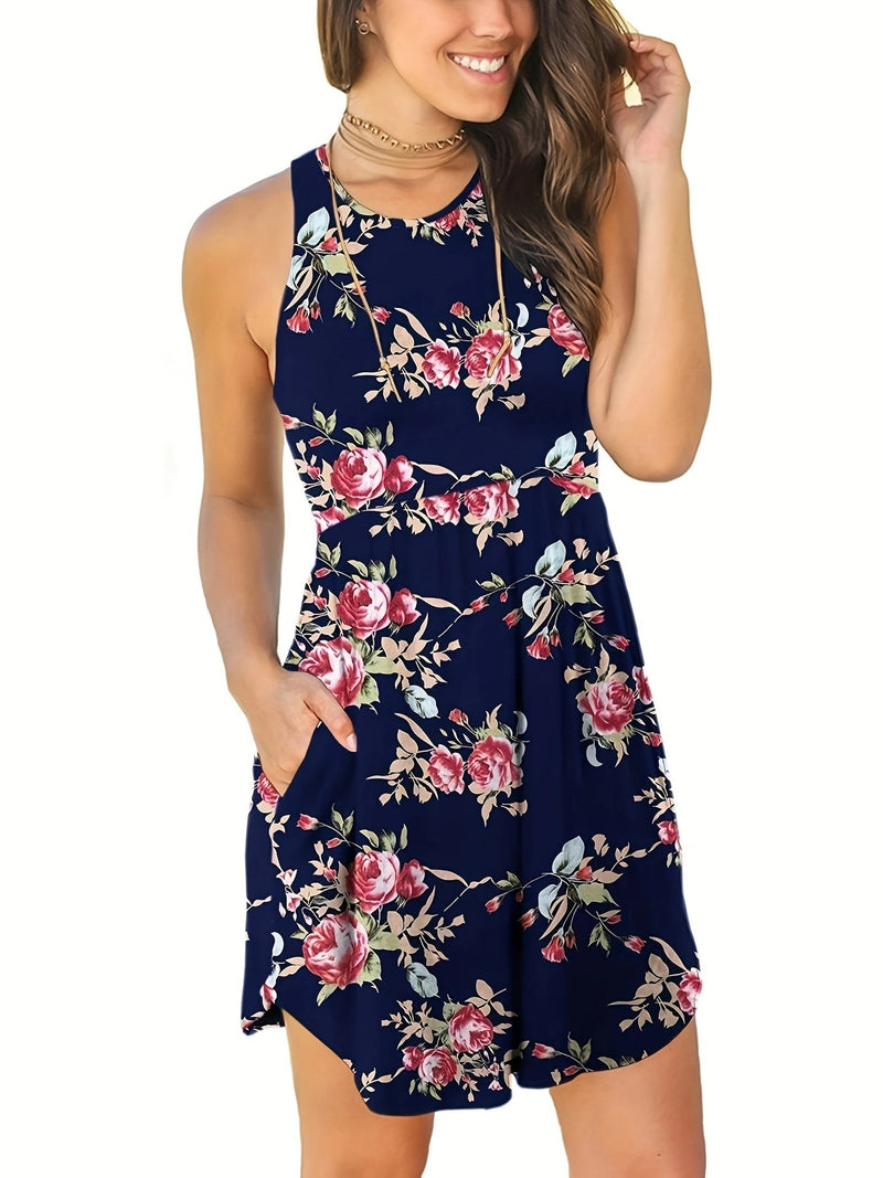 Round Neck Sleeveless Vest Pocket Dress