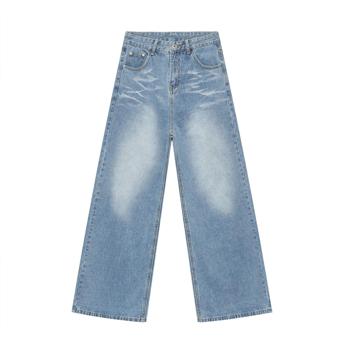 Light blue denim pants, wide-leg silhouette with front pockets and button fly