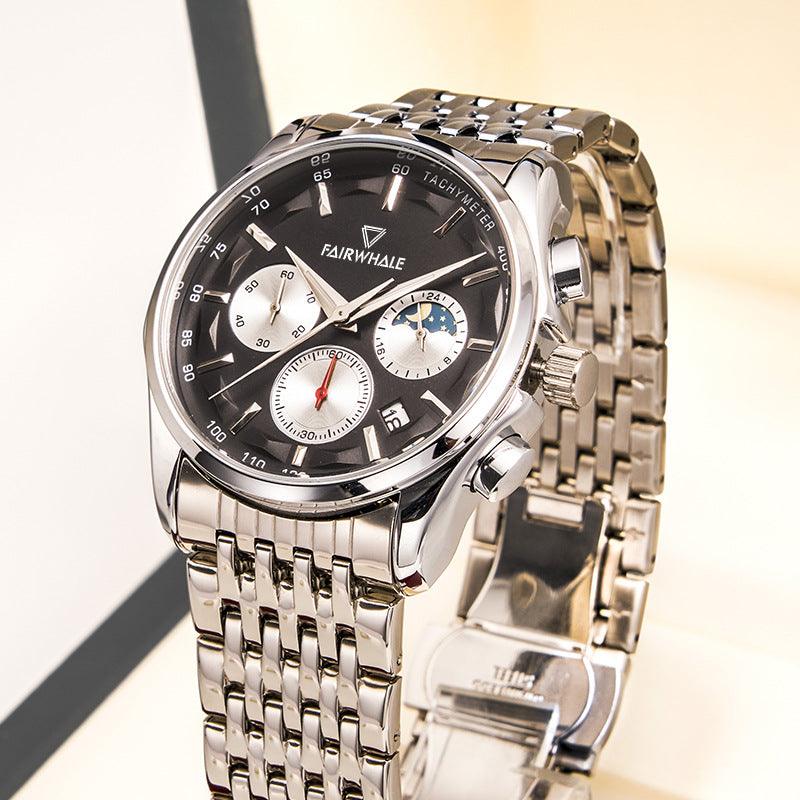 Stainless steel automatic chronograph watch, black dial with subdials and metal bracelet