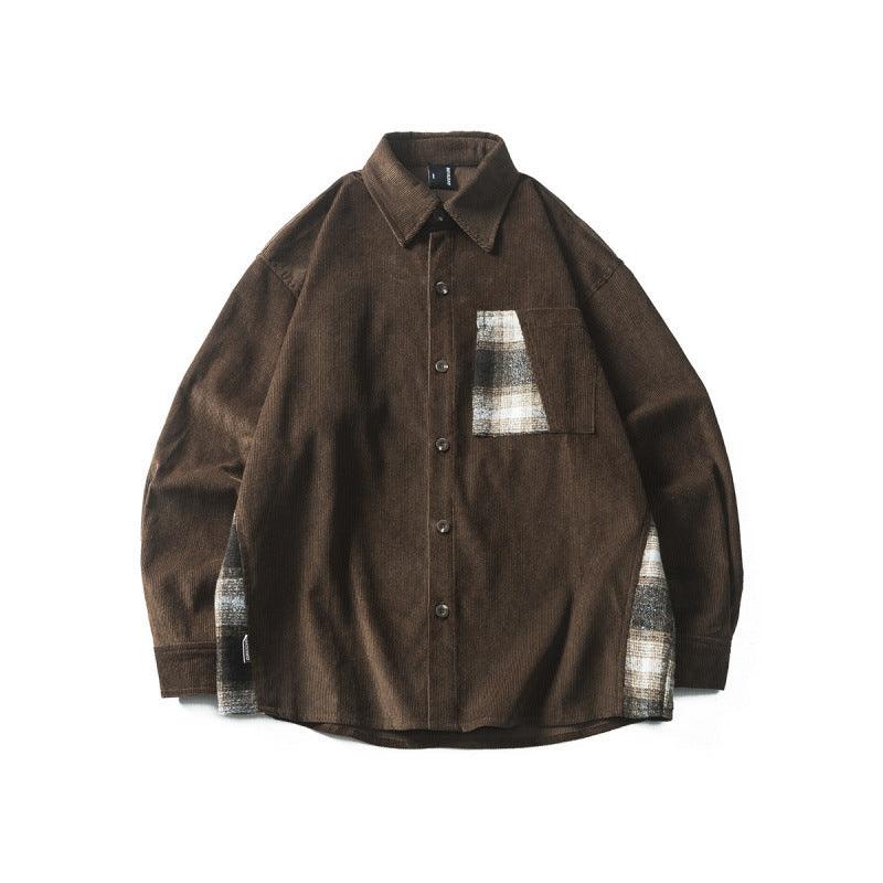 Men's brown corduroy button-up shirt with plaid-lined chest pocket and collar