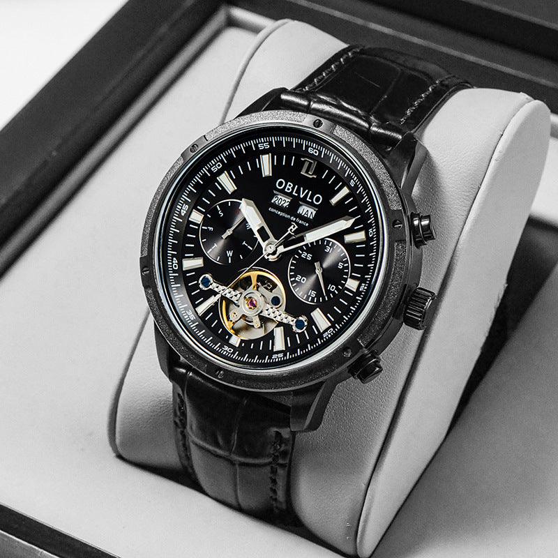Men's multi-functional fashion watch with black leather strap and black dial, skeleton-style movement