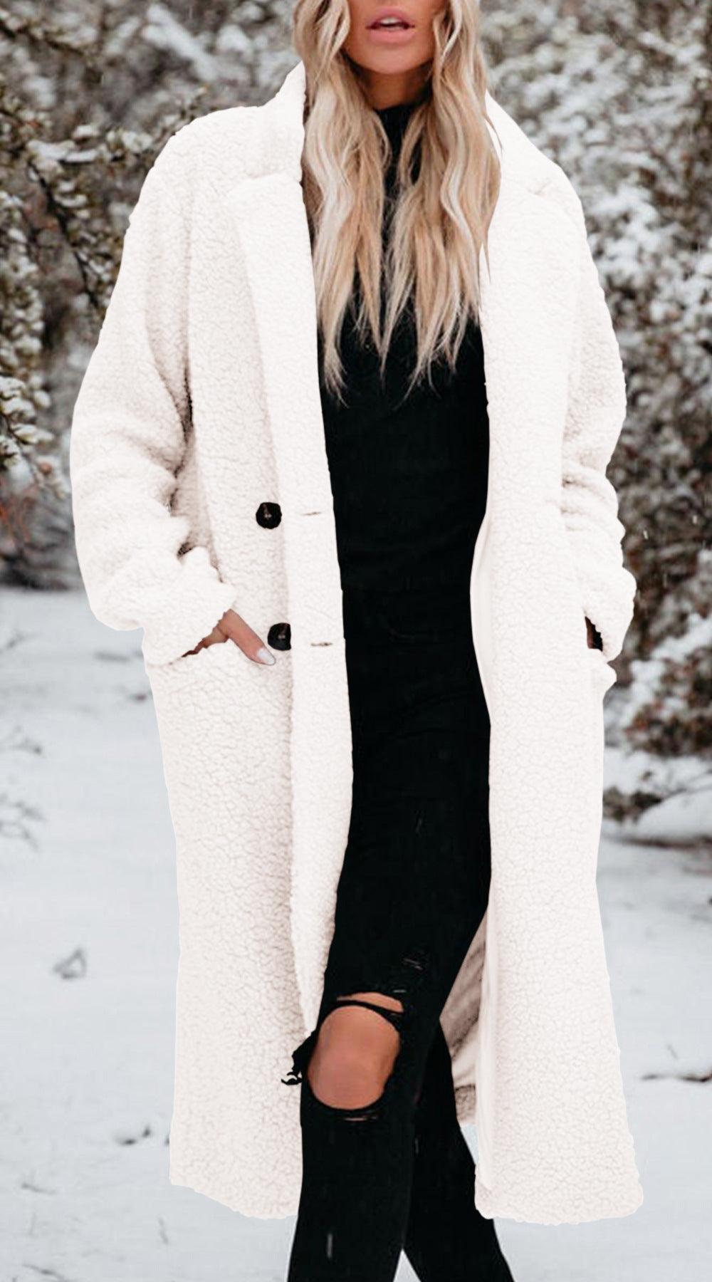 Women's plush lapel long-sleeve top, white, button-front coat style