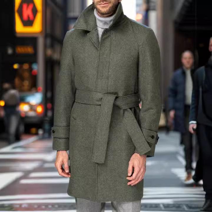 Men's green wool raglan coat with belt, button front and stand collar