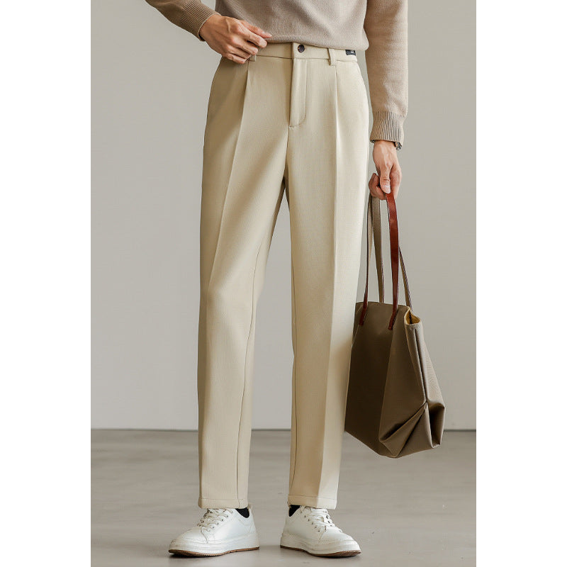 Men's suit pants in light cream, straight leg, button waistband, belt loops