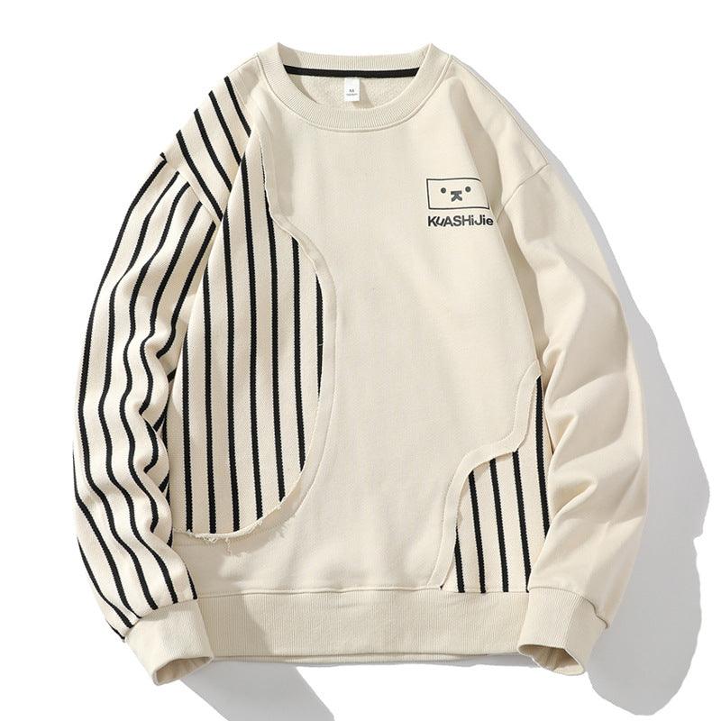 Loose Sports Long-sleeved T-shirt Patchwork Stripes Printed Men's Clothing Round-neck Sweater - WOMONA.COM