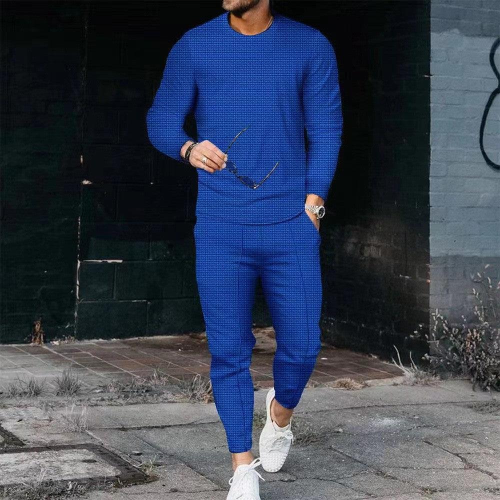 Men's Casual Waffle Long Sleeve Round Neck Suit - WOMONA.COM