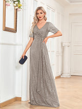 Short Sleeve Dress V-neck Sequin Slim Fishtail - WOMONA.COM