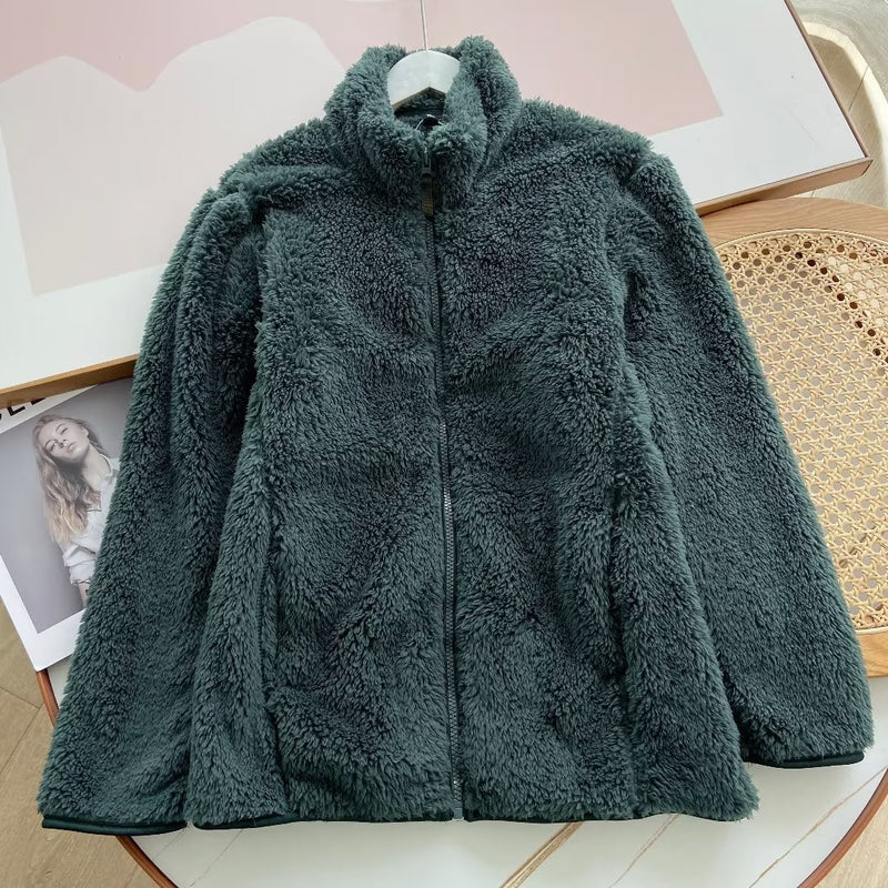 Men's Long Fleece Fleece Zipper Pure Warm Stand Collar Jacket