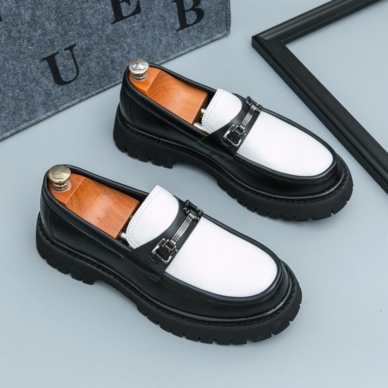 Men's black slip-on platform leather loafers with white vamp panel and silver buckle