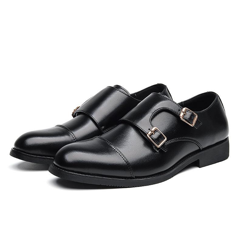 Black leather double-buckle monk strap dress shoes, front angled view