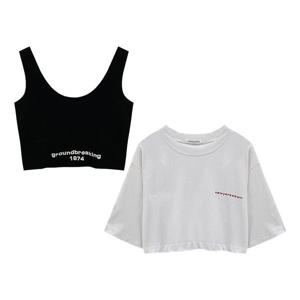Two-Piece Set Crop-top Short Top Loose High Waist T-shirt Women