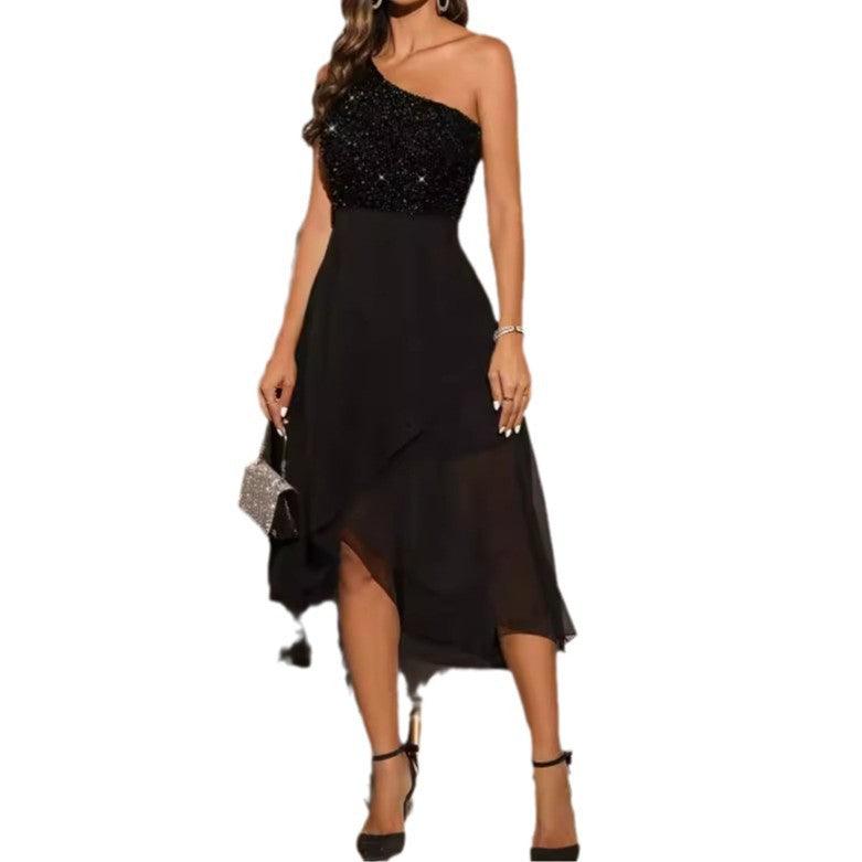 Black one-shoulder sequin midi dress with fitted waist and asymmetric high-low hem