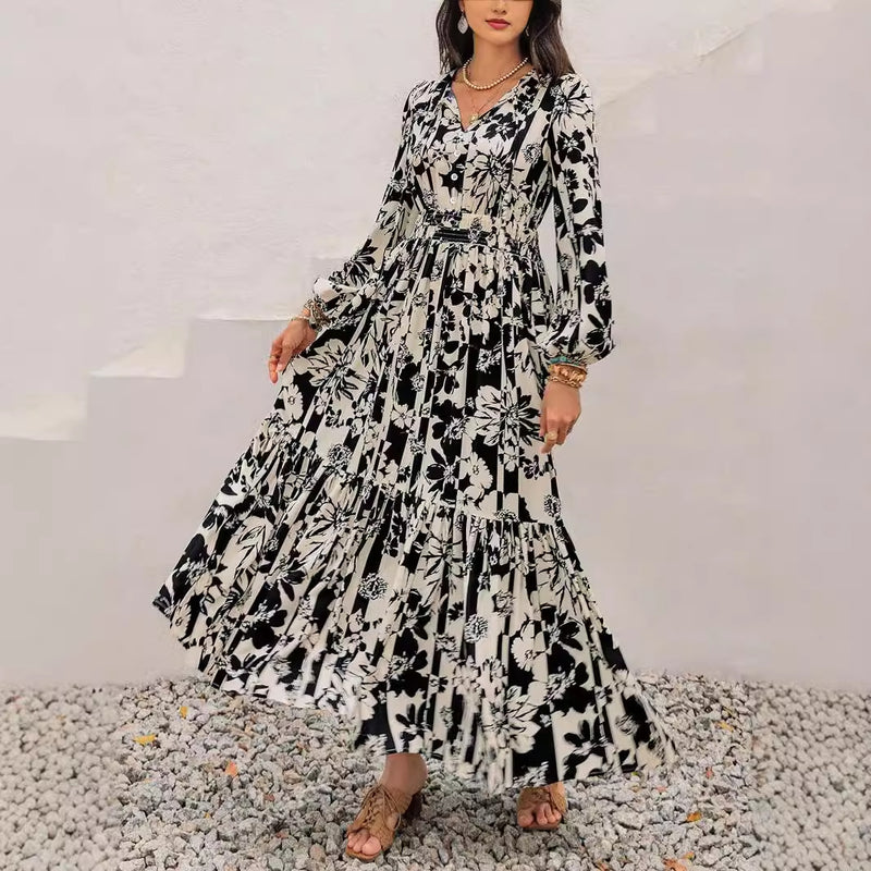 Vestido con mangas abullonadas y estampado completo de primavera y otoño