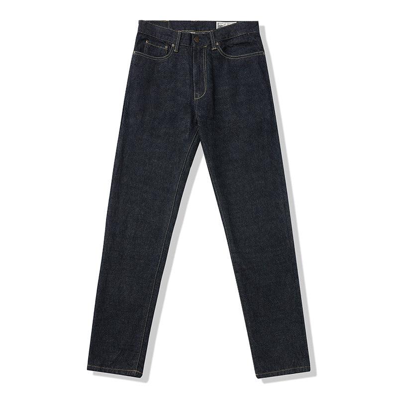 Dark slim-fit jeans with mid-rise waist and clean front crease detail