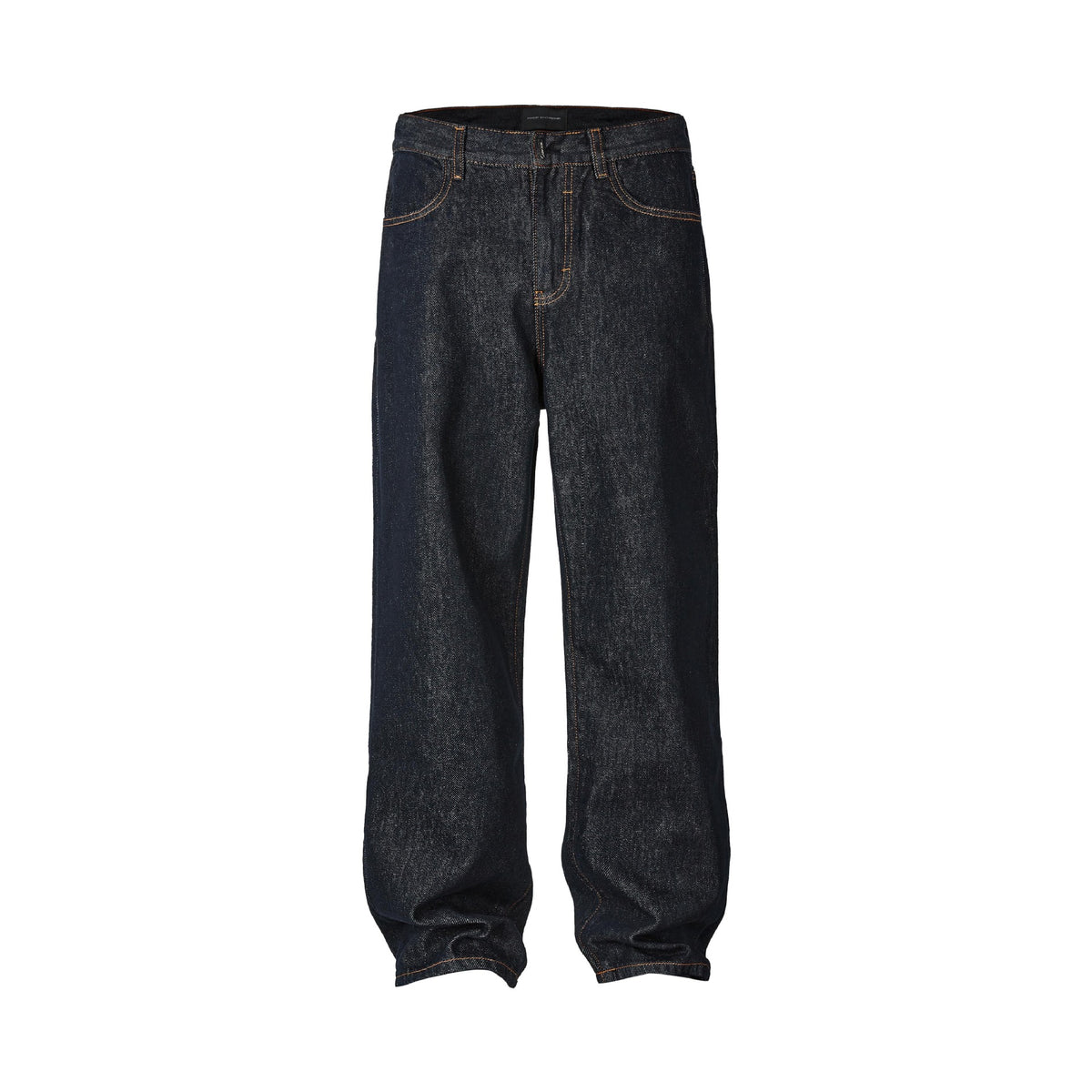 Relaxed wide-leg dark blue jeans with belt loops, fly button, and side pockets