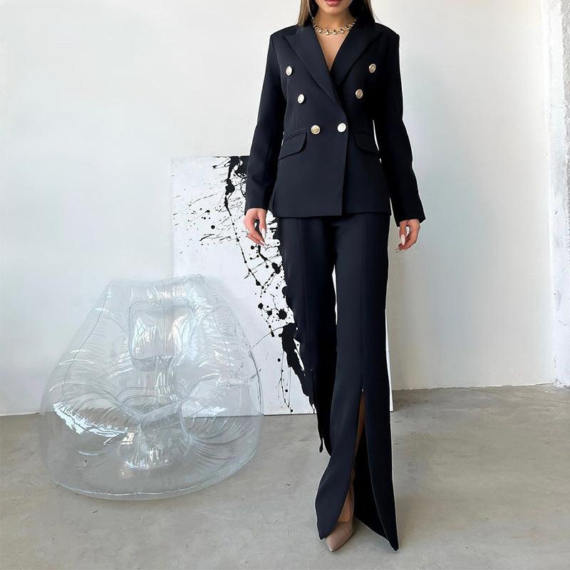 Black bell-bottom suit pants with front slit hem and narrow fit to mid-thigh