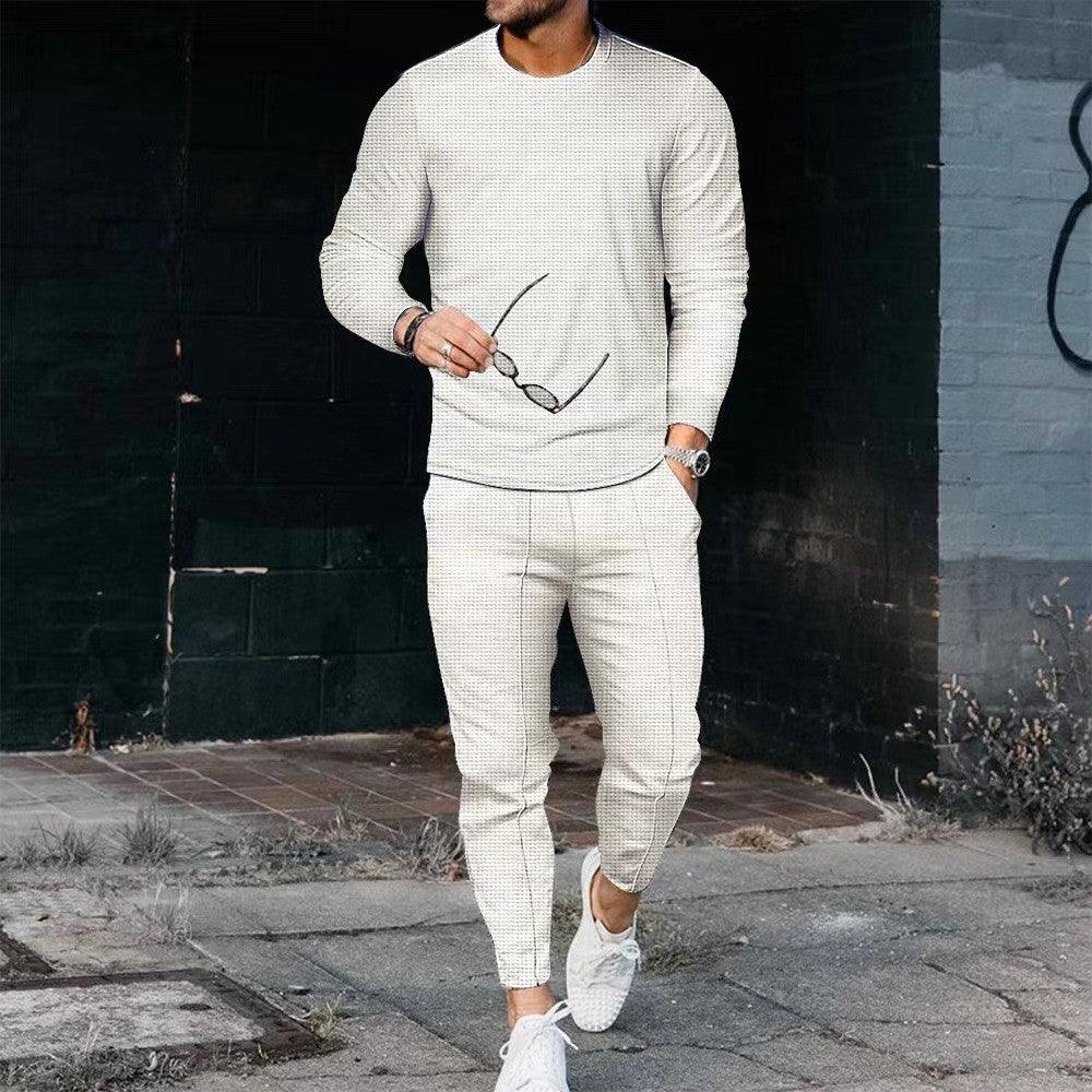 Men's Casual Waffle Long Sleeve Round Neck Suit - WOMONA.COM