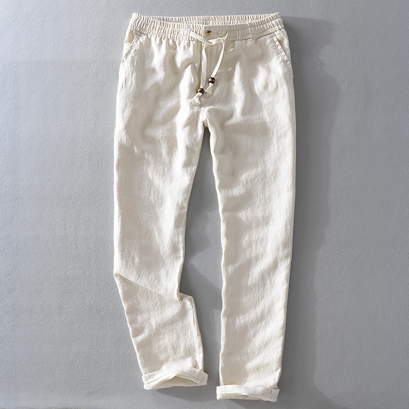 Linen youth loose casual pants, off-white, elastic drawstring waist, cuffed hems.